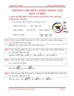 Bài tập Hình học Lớp 9 - Chương I Hệ thức lượng trong tam giác vuông - Gia sư Trí Đức